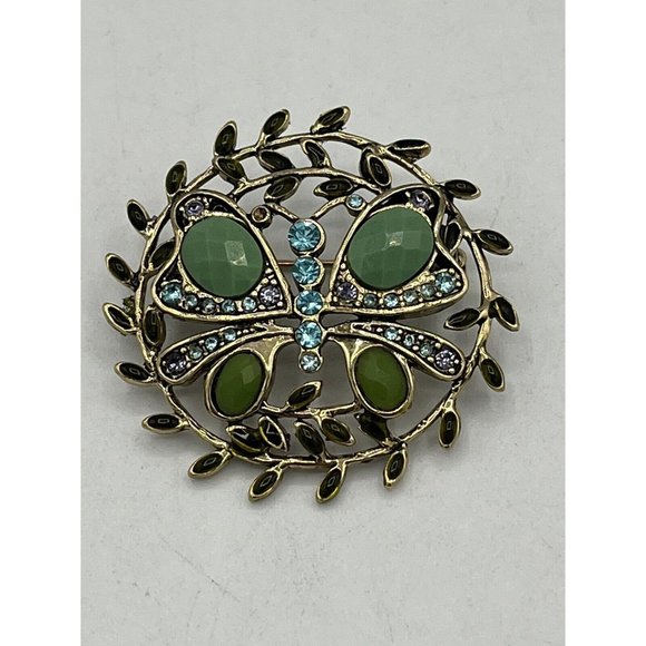 Vtg Monet Multi Colored Rhinestones & Green Faceted Cabochons Butterfly Brooch - Picture 4 of 6